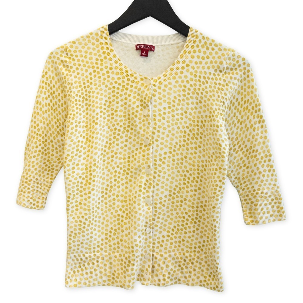 Merona Cardigan Sweater Womens S Yellow Polka Dot‎ Cardigan Twee Preppy Top